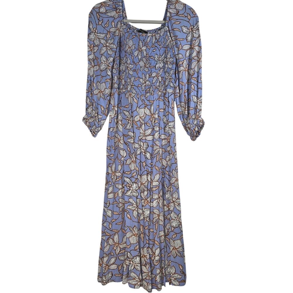 Jessica Simpson Spencer Smocked Blue Floral Prairie Style Midi Dress. Size Small